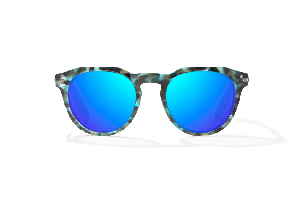 Front view of Blue Rock Gloss Paraiso Bajio beach sunglasses, bio-based nylon frames with blue mirror polarized lenses, medium wrap, small fit premium, built in sun ledge and sturdy barrel hinges, ideal for fishing and outdoor use.