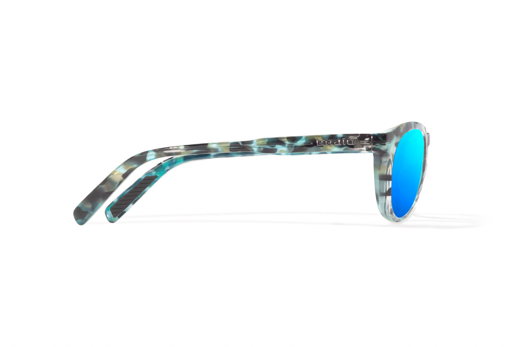 Side view of Blue Rock Gloss Paraiso Bajio beach sunglasses, bio-based nylon frames with blue mirror polarized lenses, medium wrap, small fit premium, built in sun ledge and sturdy barrel hinges, ideal for fishing and outdoor use.