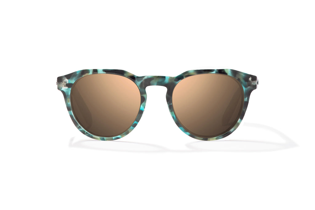 Front view of Blue Rock Gloss Paraiso Bajio beach sunglasses, bio-based nylon frames with copper polarized lenses, medium wrap, small fit premium, built in sun ledge and sturdy barrel hinges, ideal for fishing and outdoor use.