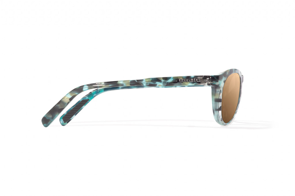 Side view of Blue Rock Gloss Paraiso Bajio beach sunglasses, bio-based nylon frames with copper polarized lenses, medium wrap, small fit premium, built in sun ledge and sturdy barrel hinges, ideal for fishing and outdoor use.