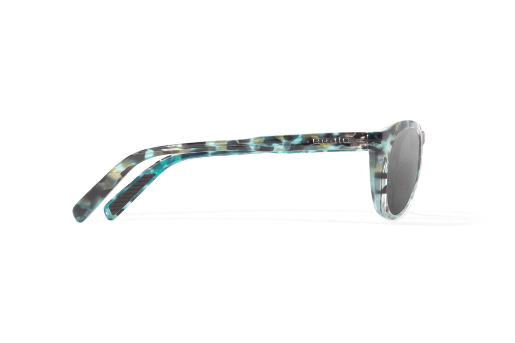 Side view of Blue Rock Gloss Paraiso Bajio beach sunglasses, bio-based nylon frames with gray polarized lenses, medium wrap, small fit premium, built in sun ledge and sturdy barrel hinges, ideal for fishing and outdoor use.