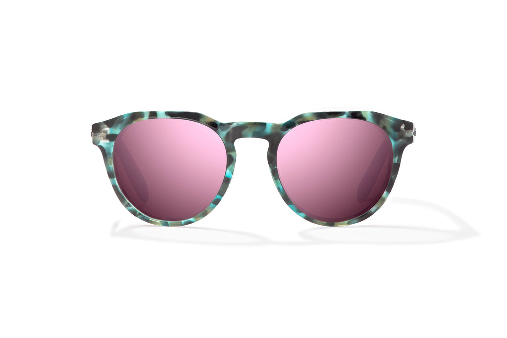 Front view of Blue Rock Gloss Paraiso Bajio beach sunglasses, bio-based nylon frames with rose mirror polarized lenses, medium wrap, small fit premium, built in sun ledge and sturdy barrel hinges, ideal for fishing and outdoor use.