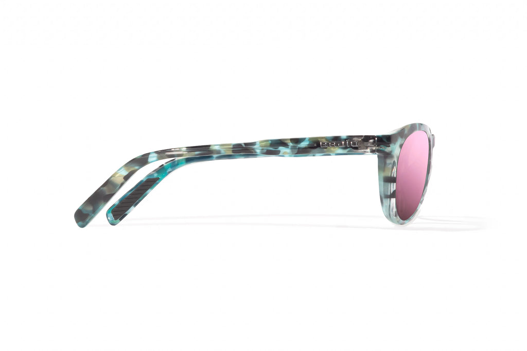 Side view of Blue Rock Gloss Paraiso Bajio beach sunglasses, bio-based nylon frames with rose mirror polarized lenses, medium wrap, small fit premium, built in sun ledge and sturdy barrel hinges, ideal for fishing and outdoor use.