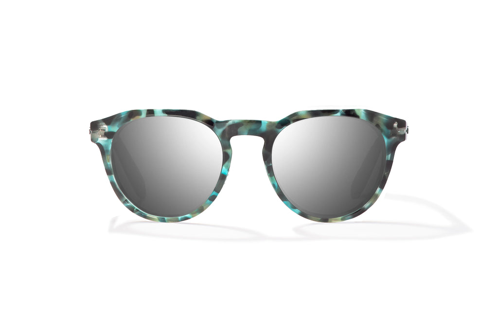 Front view of Blue Rock Gloss Paraiso Bajio beach sunglasses, bio-based nylon frames with silver mirror polarized lenses, medium wrap, small fit premium, built in sun ledge and sturdy barrel hinges, ideal for fishing and outdoor use.