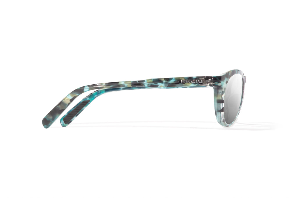 Side view of Blue Rock Gloss Paraiso Bajio beach sunglasses, bio-based nylon frames with silver mirror polarized lenses, medium wrap, small fit premium, built in sun ledge and sturdy barrel hinges, ideal for fishing and outdoor use.