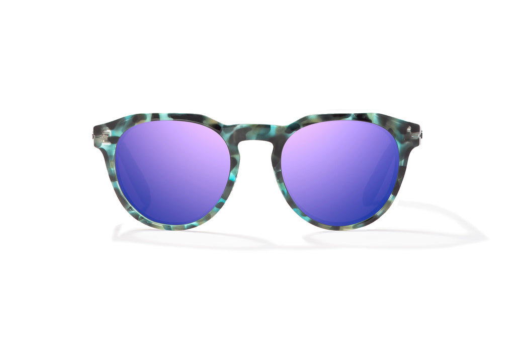 Front view of Blue Rock Gloss Paraiso Bajio beach sunglasses, bio-based nylon frames with violet mirror polarized lenses, medium wrap, small fit premium, built in sun ledge and sturdy barrel hinges, ideal for fishing and outdoor use.