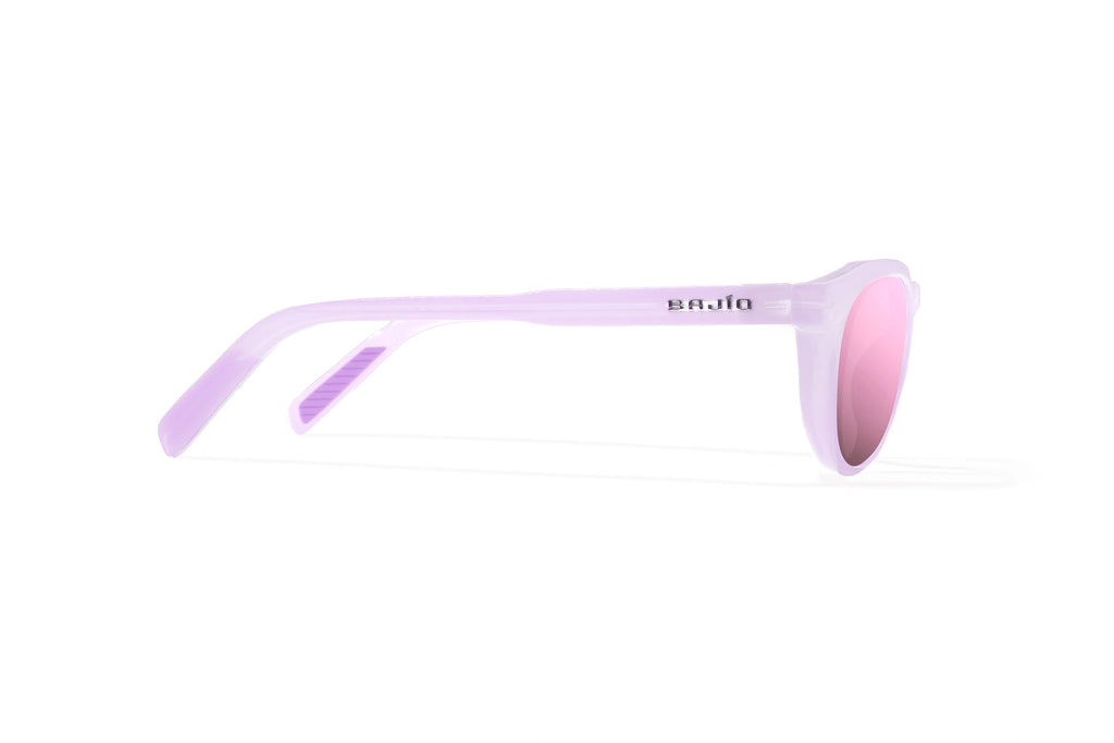 Side view of Lavender Glass Gloss Paraiso Bajio beach sunglasses, bio-based nylon frames with rose mirror polarized lenses, medium wrap, small fit premium, built in sun ledge and sturdy barrel hinges, ideal for fishing and outdoor use.