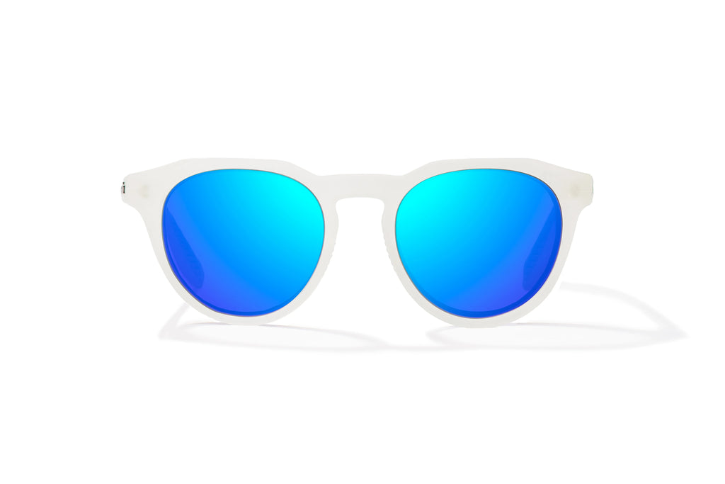 Front view of White Glass Gloss Paraiso Bajio beach sunglasses, bio-based nylon frames with blue mirror polarized lenses, medium wrap, small fit premium, built in sun ledge and sturdy barrel hinges, ideal for fishing and outdoor use.