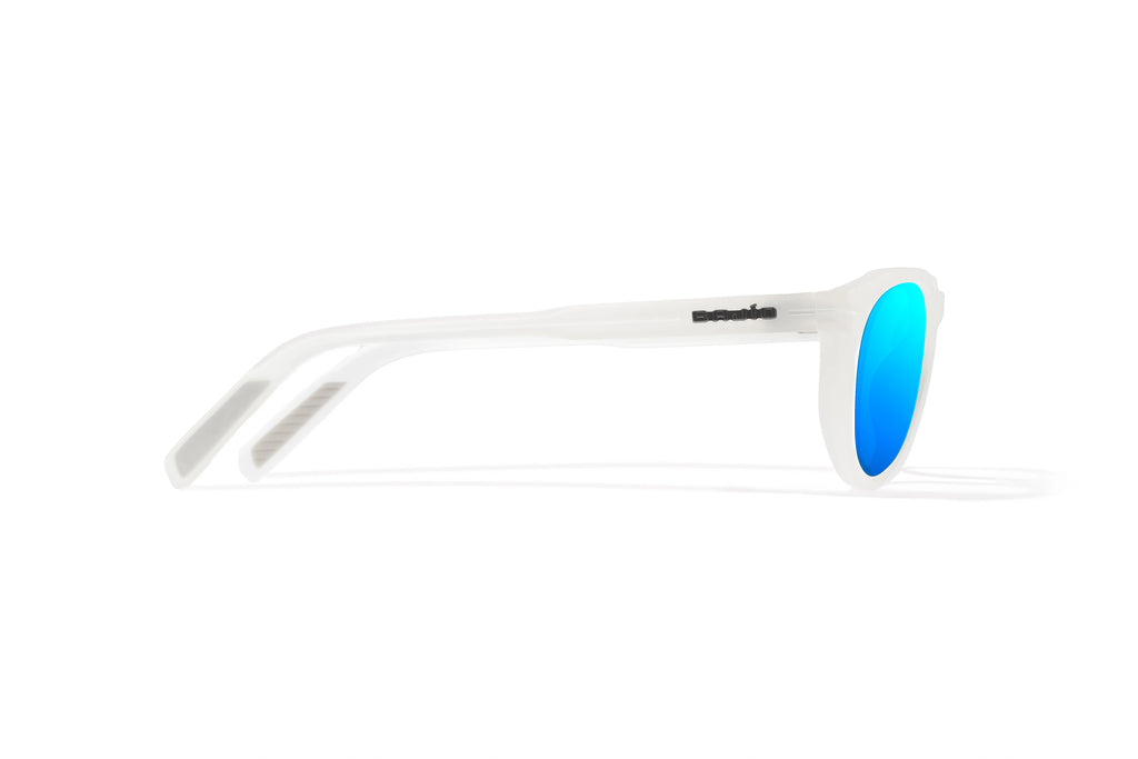 Side view of White Glass Gloss Paraiso Bajio beach sunglasses, bio-based nylon frames with blue mirror polarized lenses, medium wrap, small fit premium, built in sun ledge and sturdy barrel hinges, ideal for fishing and outdoor use.