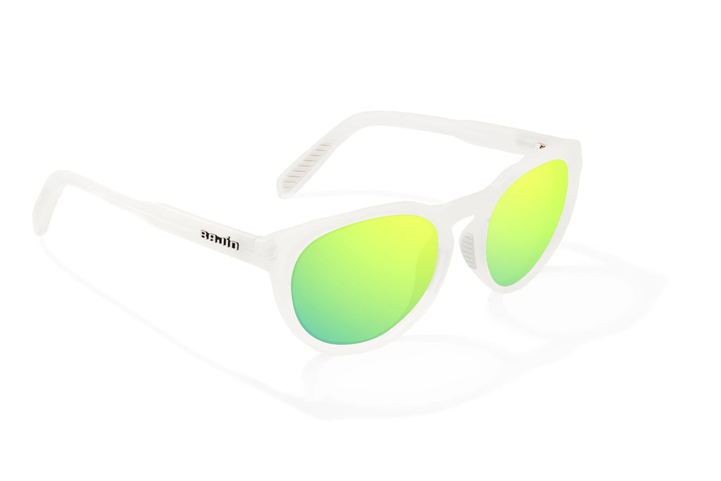 Angled view of White Glass Gloss Paraiso Bajio beach sunglasses, bio-based nylon frames with green mirror polarized lenses, medium wrap, small fit premium, built in sun ledge and sturdy barrel hinges, ideal for fishing and outdoor use.