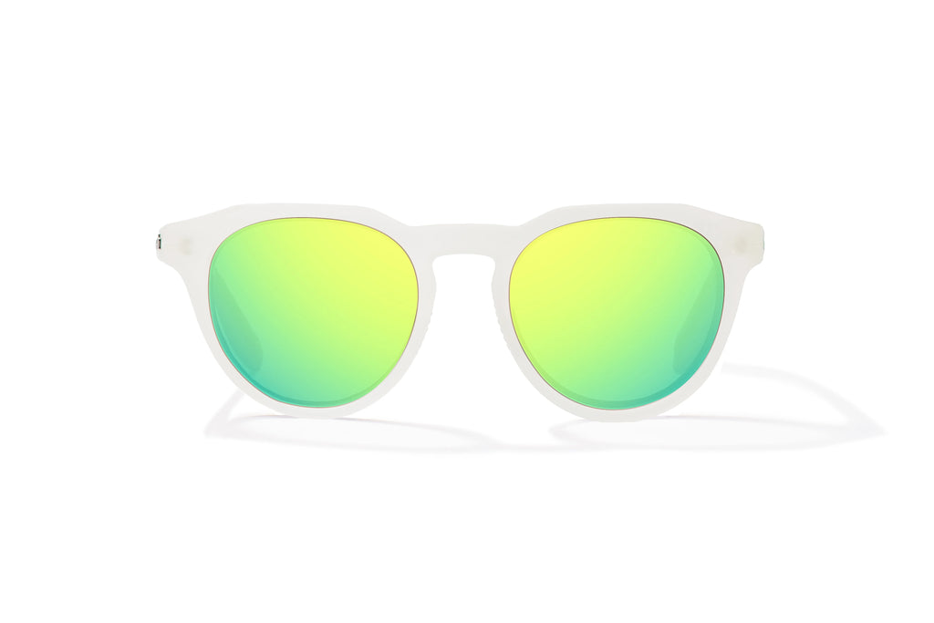 Front view of White Glass Gloss Paraiso Bajio beach sunglasses, bio-based nylon frames with green mirror polarized lenses, medium wrap, small fit premium, built in sun ledge and sturdy barrel hinges, ideal for fishing and outdoor use.