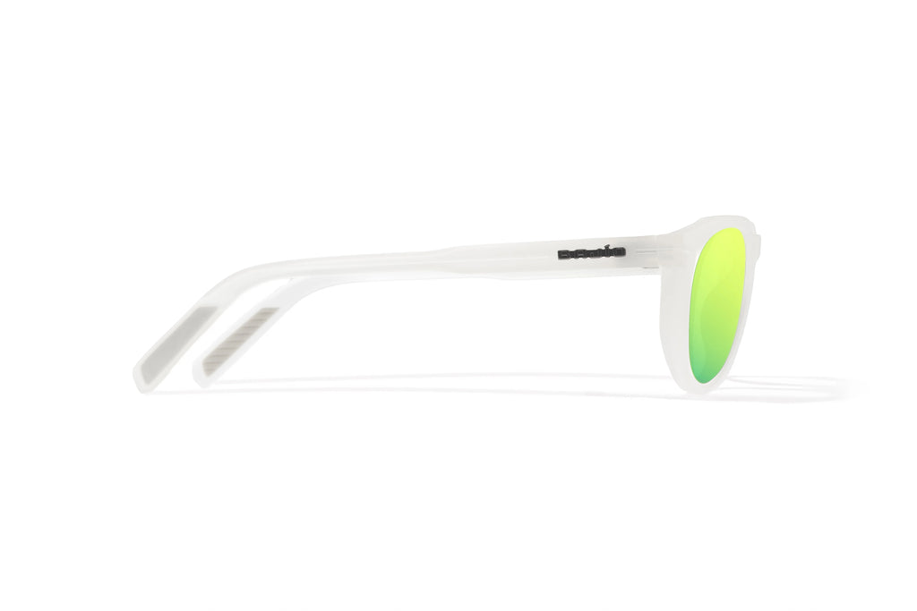 Side view of White Glass Gloss Paraiso Bajio beach sunglasses, bio-based nylon frames with green mirror polarized lenses, medium wrap, small fit premium, built in sun ledge and sturdy barrel hinges, ideal for fishing and outdoor use.