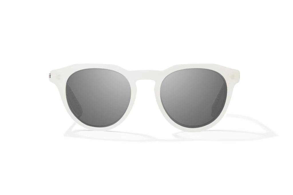 Front view of White Glass Gloss Paraiso Bajio beach sunglasses, bio-based nylon frames with gray polarized lenses, medium wrap, small fit premium, built in sun ledge and sturdy barrel hinges, ideal for fishing and outdoor use.