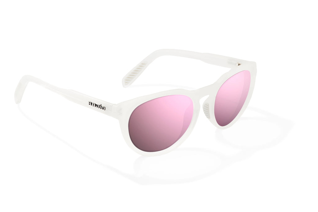 Angled view of White Glass Gloss Paraiso Bajio beach sunglasses, bio-based nylon frames with rose mirror polarized lenses, medium wrap, small fit premium, built in sun ledge and sturdy barrel hinges, ideal for fishing and outdoor use.