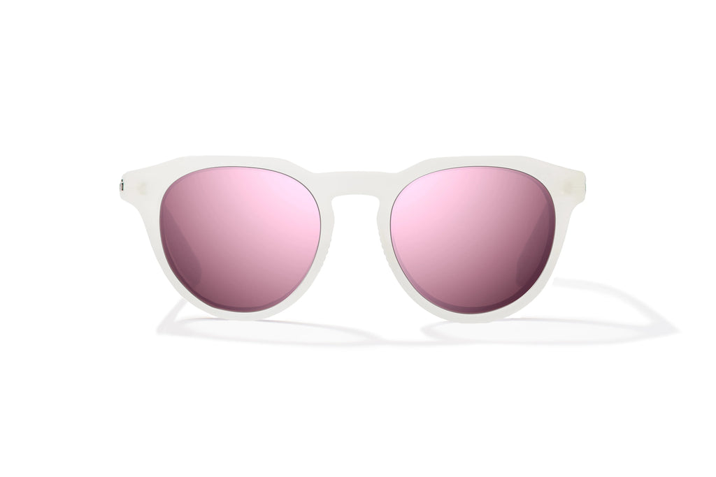 Front view of White Glass Gloss Paraiso Bajio beach sunglasses, bio-based nylon frames with rose mirror polarized lenses, medium wrap, small fit premium, built in sun ledge and sturdy barrel hinges, ideal for fishing and outdoor use.