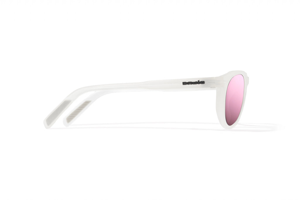 Side view of White Glass Gloss Paraiso Bajio beach sunglasses, bio-based nylon frames with rose mirror polarized lenses, medium wrap, small fit premium, built in sun ledge and sturdy barrel hinges, ideal for fishing and outdoor use.