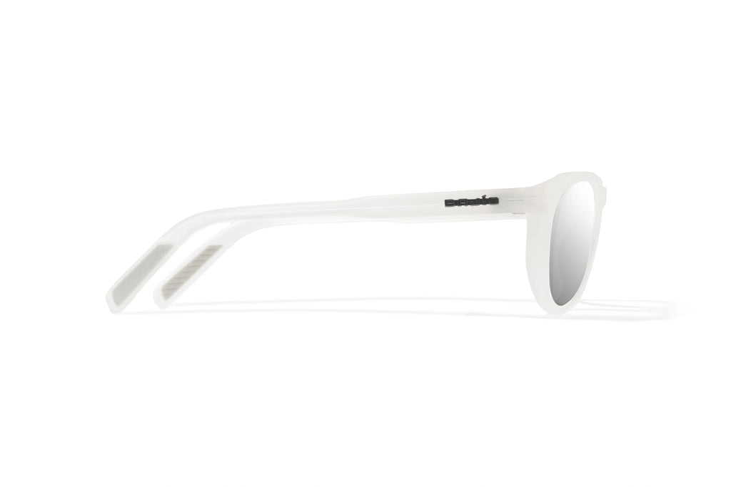 Side view of White Glass Gloss Paraiso Bajio beach sunglasses, bio-based nylon frames with silver mirror polarized lenses, medium wrap, small fit premium, built in sun ledge and sturdy barrel hinges, ideal for fishing and outdoor use.