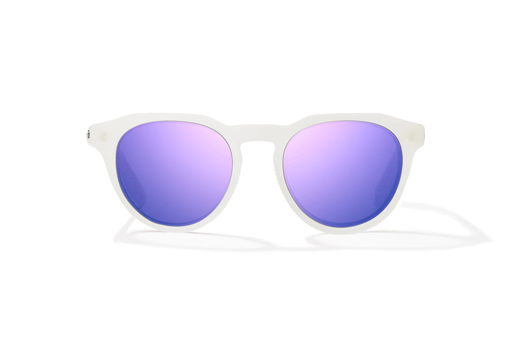 Front view of White Glass Gloss Paraiso Bajio beach sunglasses, bio-based nylon frames with violet mirror polarized lenses, medium wrap, small fit premium, built in sun ledge and sturdy barrel hinges, ideal for fishing and outdoor use.