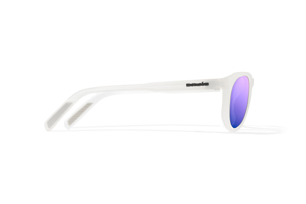 Side view of White Glass Gloss Paraiso Bajio beach sunglasses, bio-based nylon frames with violet mirror polarized lenses, medium wrap, small fit premium, built in sun ledge and sturdy barrel hinges, ideal for fishing and outdoor use.