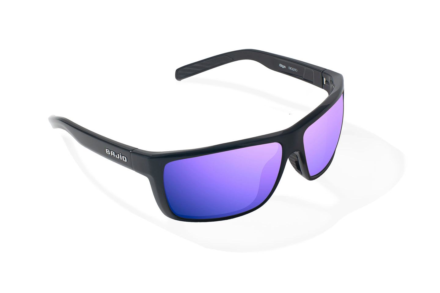 Angled view of Black Gloss Sigs Bajio tight line sunglasses, bio-based nylon frames with violet mirror polarized lenses, full wrap, medium fit, premium built in sun ledge and flex hinges, ideal for fishing and outdoor use.