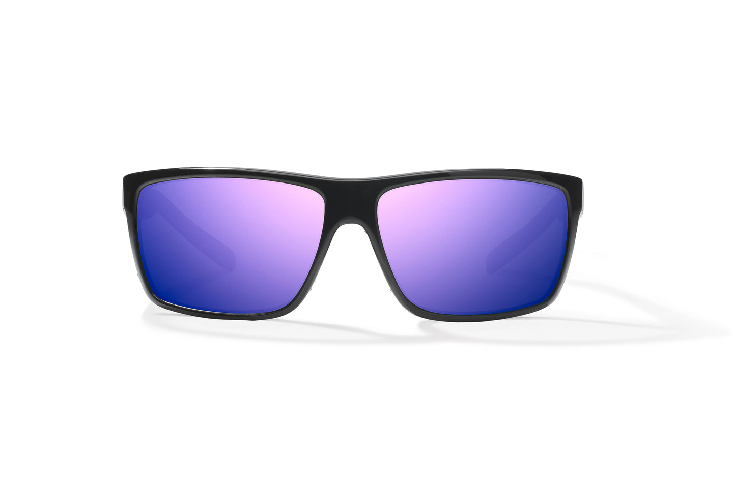 Front view of Black Gloss Sigs Bajio tight line sunglasses, bio-based nylon frames with violet mirror polarized lenses, full wrap, medium fit, premium built in sun ledge and flex hinges, ideal for fishing and outdoor use.