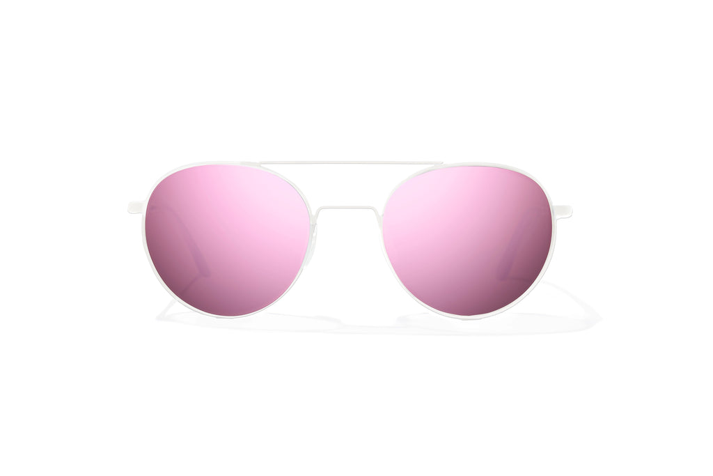 Front-facing view of White metal Tionia Bajio sunglasses with rose mirror polarized lenses, small-fit vintage frames for narrow faces, ideal for fishing and outdoor use.